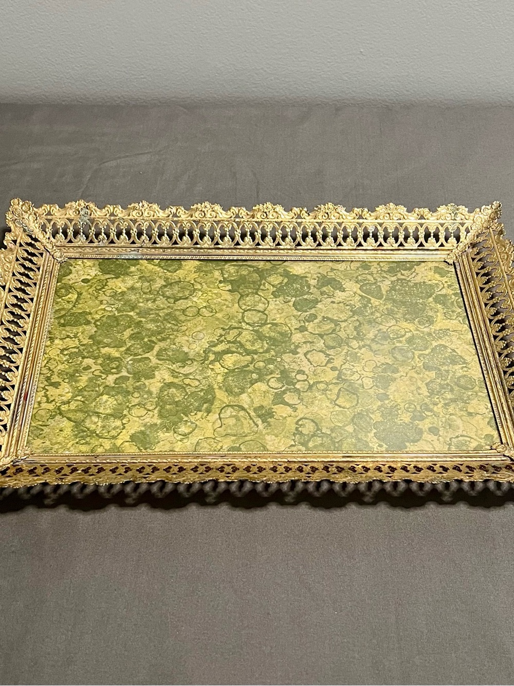 VTG Ornate Gold Tone Filigree Mirrored Vanity Tray Hollywood Regency Rare